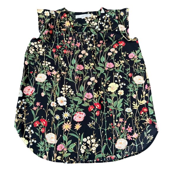 LOFT SLEEVELESS V-NECK FLORAL SHELL BLOUSE RUFFLE PETITES SIZE XSP BLACK - Picture 2 of 9